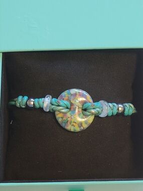 Turquoise Multicolor Glass Disc Braided Bracelet Silver-Tone Toggle Closure